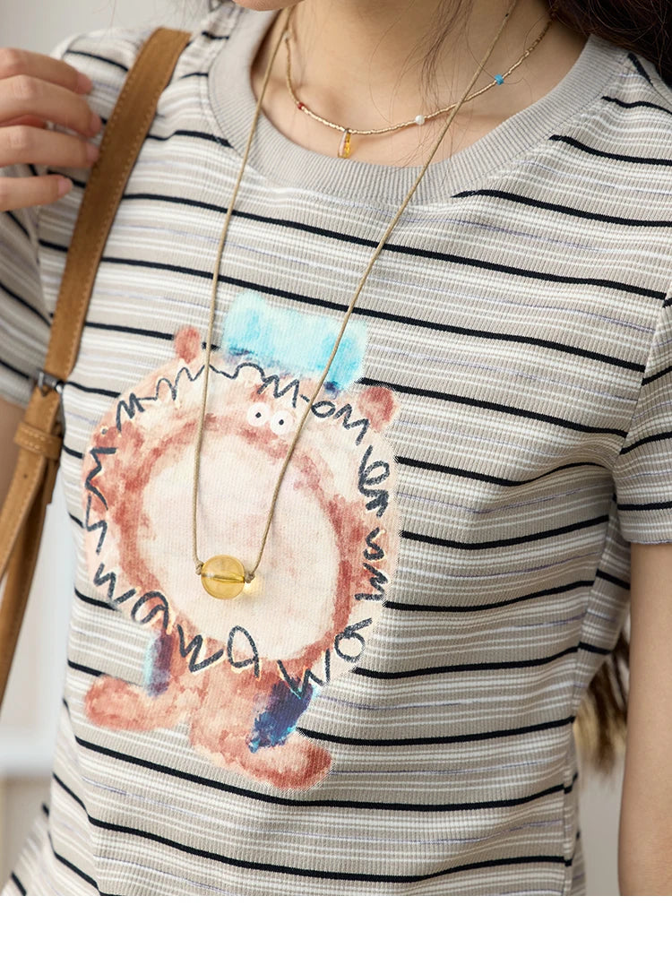 MISHOW Striped Cartoon Pufferfish Printed T-shirt for Women Summer 2025 Slim Shoulders Cotton Tees Short Sleeved Top MXE32T0538