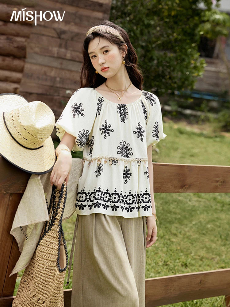 MISHOW Bohemian Print Shirts Women Summer Short Puff Sleeve Square Sleeve Loose Shell Ribbon Stitching Blouses Lady MXE35X1817