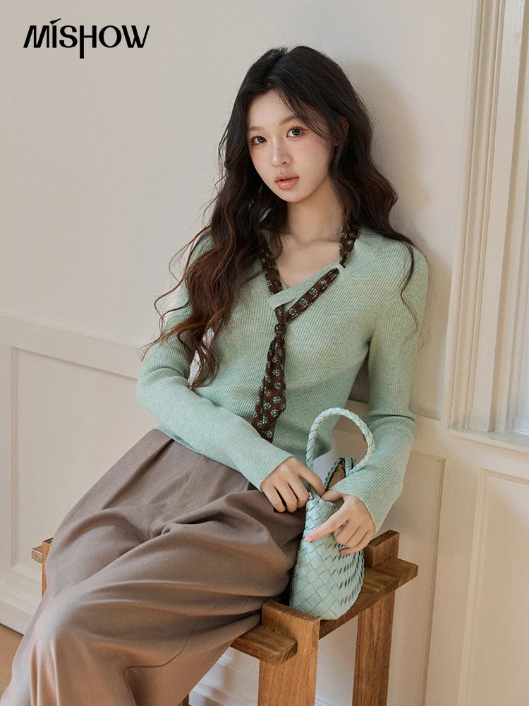 MISHOW Women's V Neck Tie Neck Floral Ribbed Knit Tops 2026 Spring Long Sleeve Slim Casual Soft Green Thin Sweater MXF108Z1024