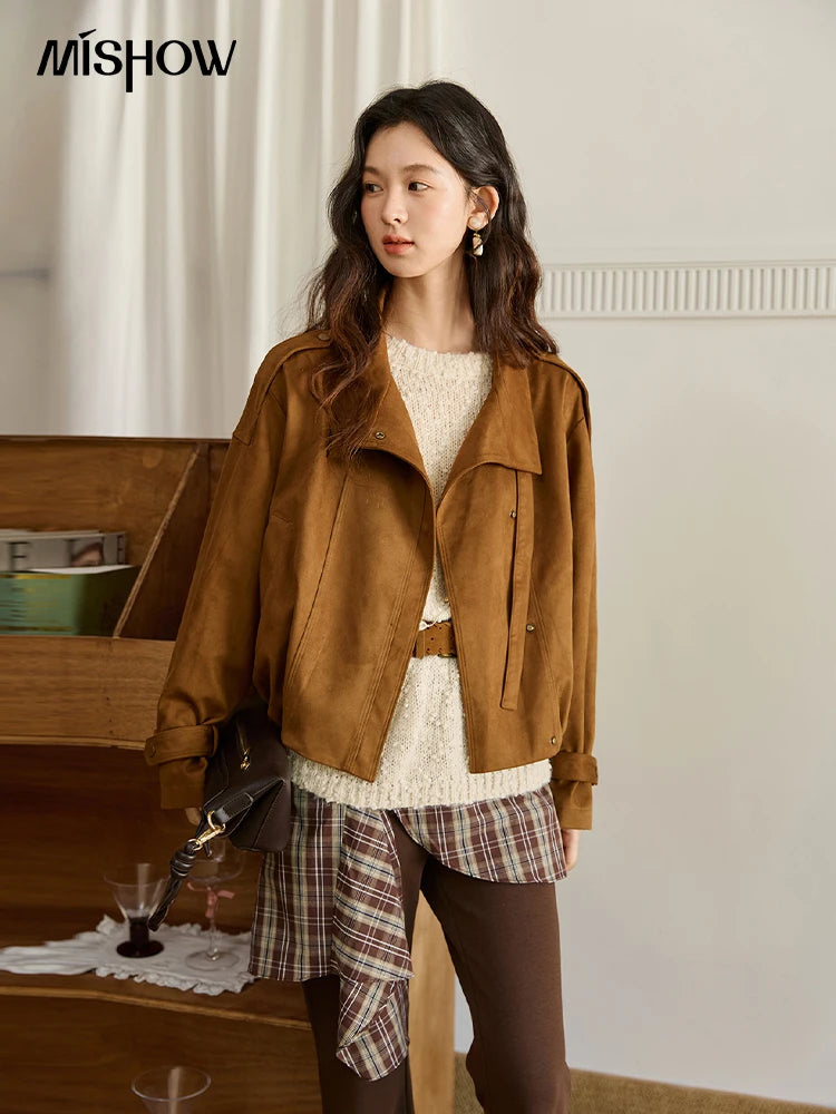 MISHOW Vintage Suede Short Jacket for Women 2025 Autumn New Casual Brown Lapel Zipper Jacket Pocket Decoration Top MXE45W0869