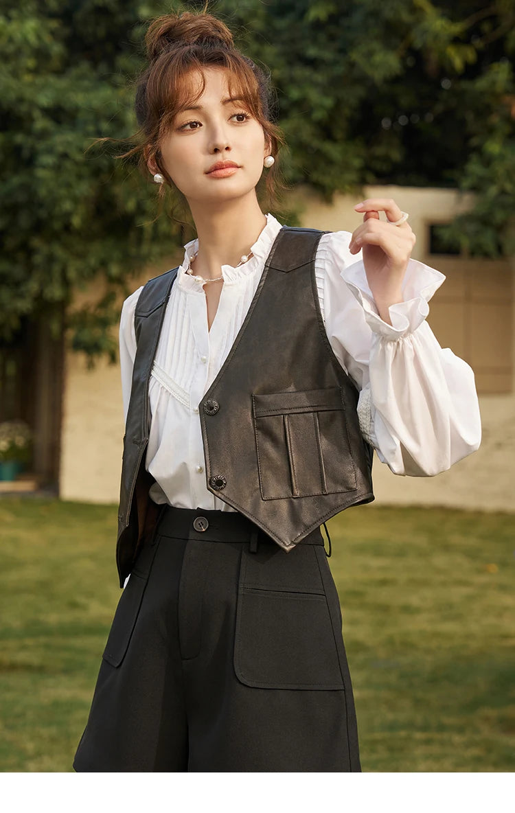 MISHOW French Organ Pleated V-neck Shirt 2025 Autumn Petal Patchwork Ruffle Sleeve Solid Pearl Single Breasted Tops MXD13X1354