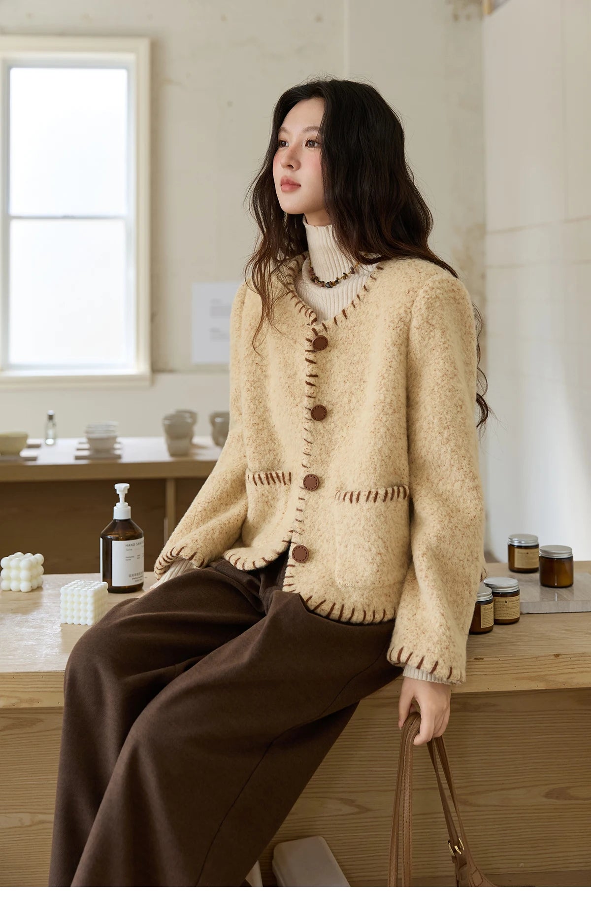 MISHOW Women Winter Jacket 2025 Fashion New Apricot Round Neck Single-breasted Wool Coat Elegant Commuting Short Coat MXE88W0885