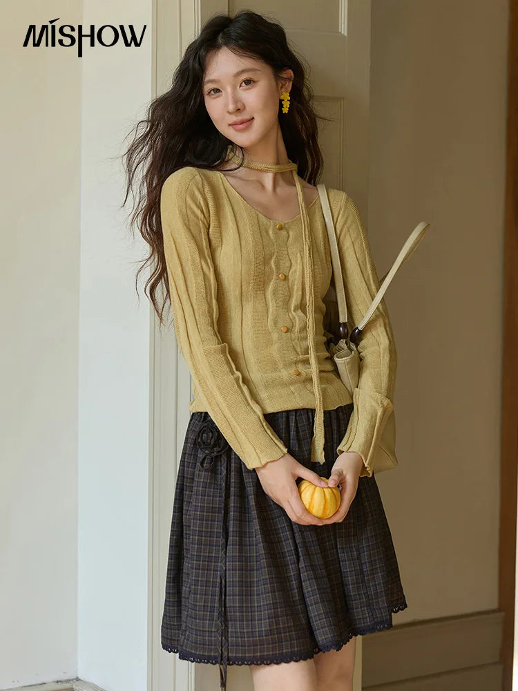 MISHOW Women's Wool Blend Knitted Top 2025 Autumn French Slim Scoop Neck with Draped Tie Soft Solid Pullover Top MXE42Z1322