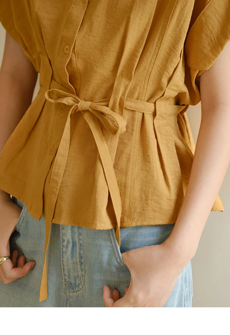 MISHOW Women's Casual Shirt 2025 Summer New Lace Up Button Turn-Down Collar Top Retro Orange Shirt Women's Clothing MXE37C0809