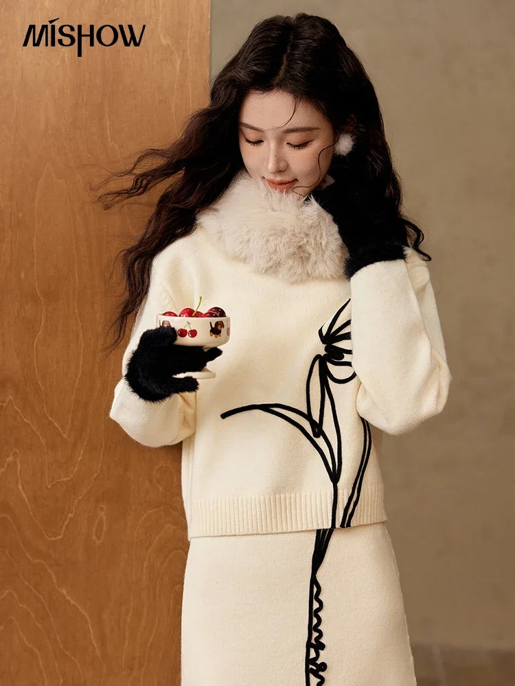 MISHOW French Skirt Sets Embroidery Spliced Contrast Color Two Piece Sets Women High Waist Midi Skirt Knitted Tops MXD57T0463