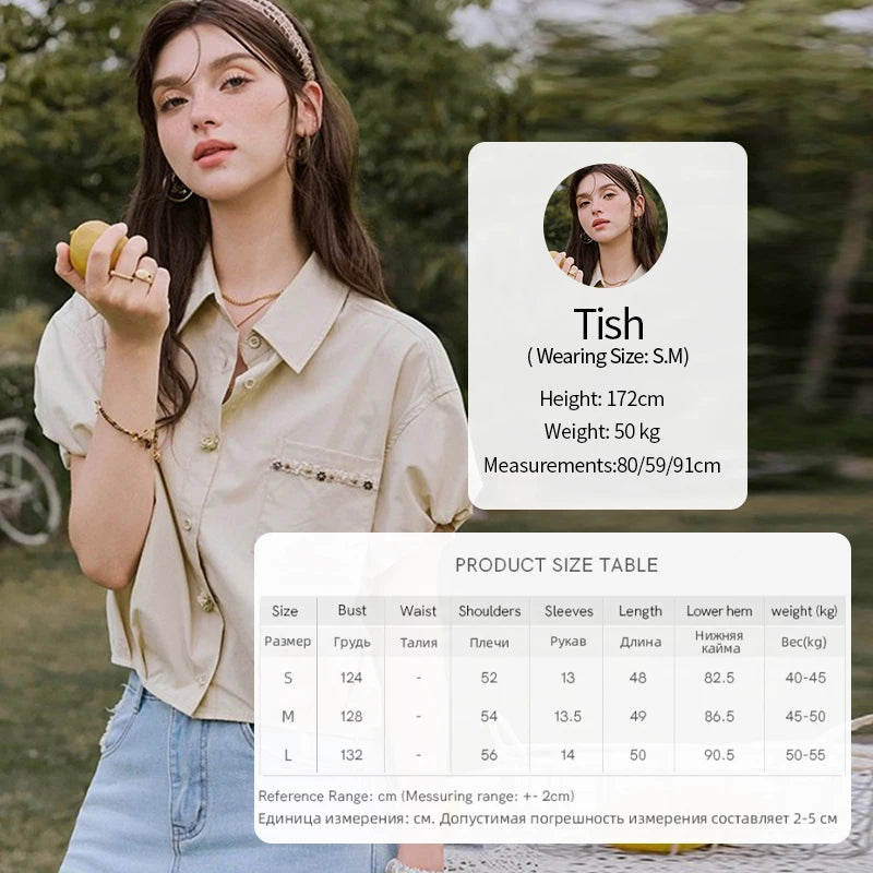 MISHOW Casual Summer Blouses Women 2025 New Short Puff Sleeve Turn Down Collar Shirt Female Fashion Shell Ribbon Tops MXE33C0773