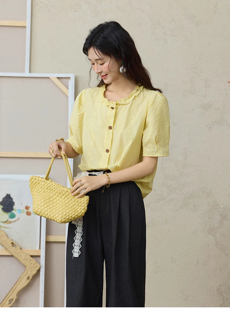 MISHOW 100% Cotton Women's Puff Sleeve Shirt 2025 Summer New Fashion Round Neck Button Top Casual Female Clothing MXE36X1873