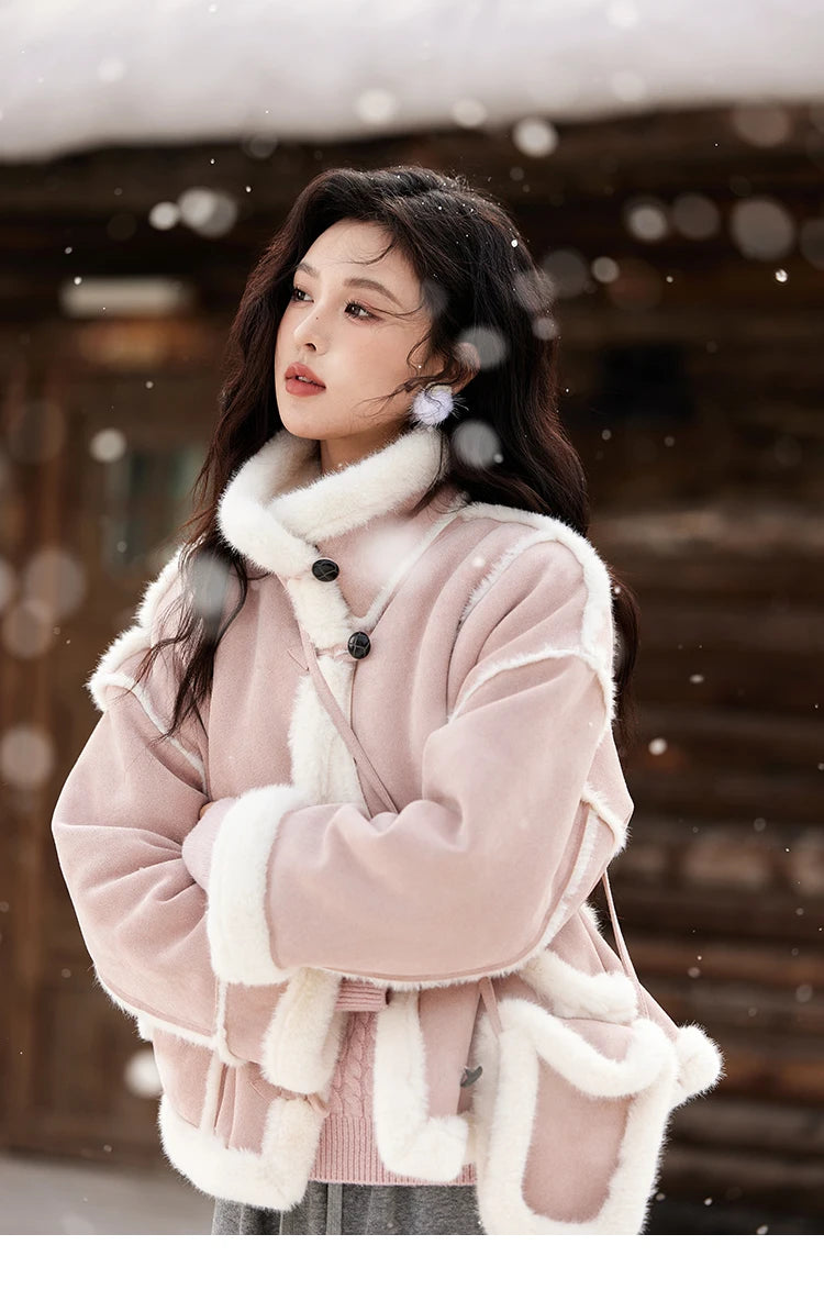 MISHOW Leather Fur Coat Fur Collar with Bag Women Winter Clothes Suede Plush Jacket Pocket Soft Thickened Warm Tops MXD57W0737