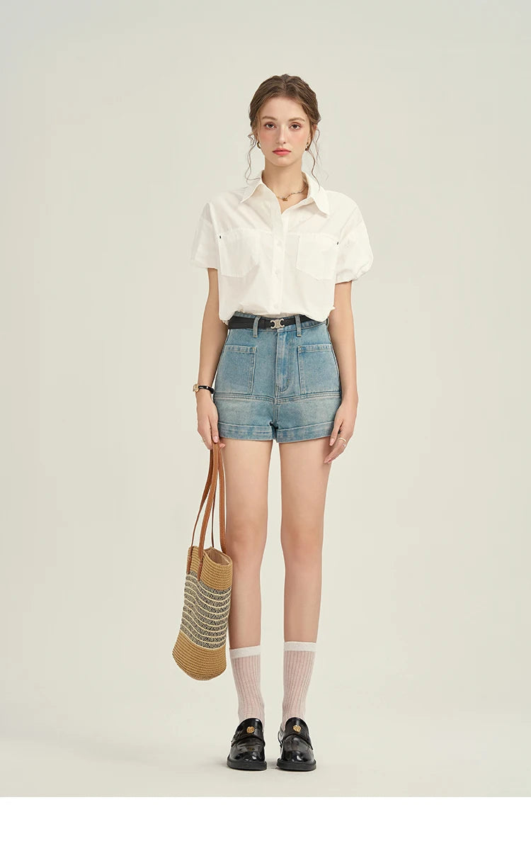 MISHOW Women's Denim Blue Shorts 2025 Summer Korean High Waist Pockets Shorts Female Straight Slim Casual Short Pants MPD26K0618