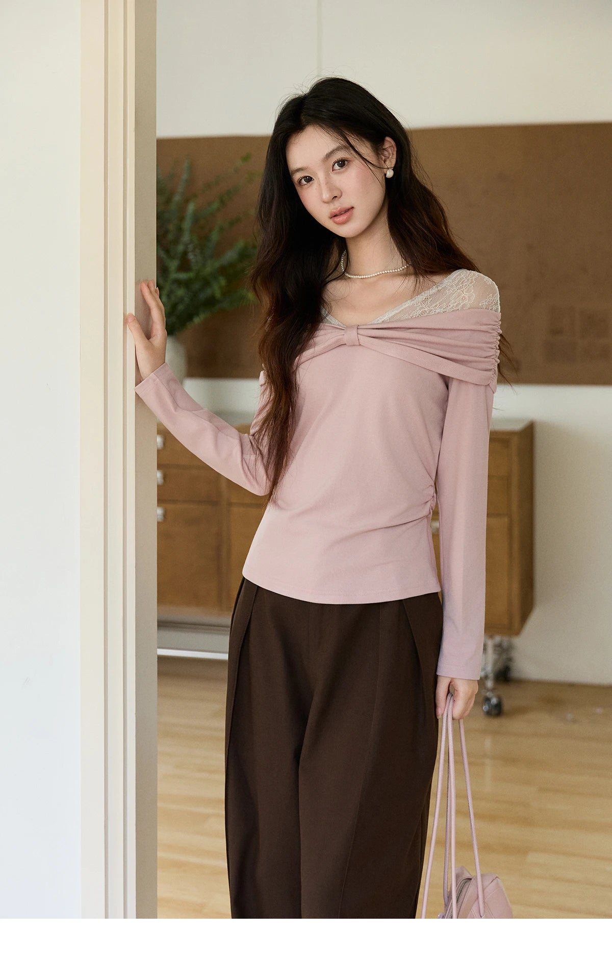 MISHOW Women's Lace Patchwork One Shoulder T-shirt 2026 Spring Twist Casual Slim Tees Sweet Pink Long Sleeve Tops MXF108Z1026