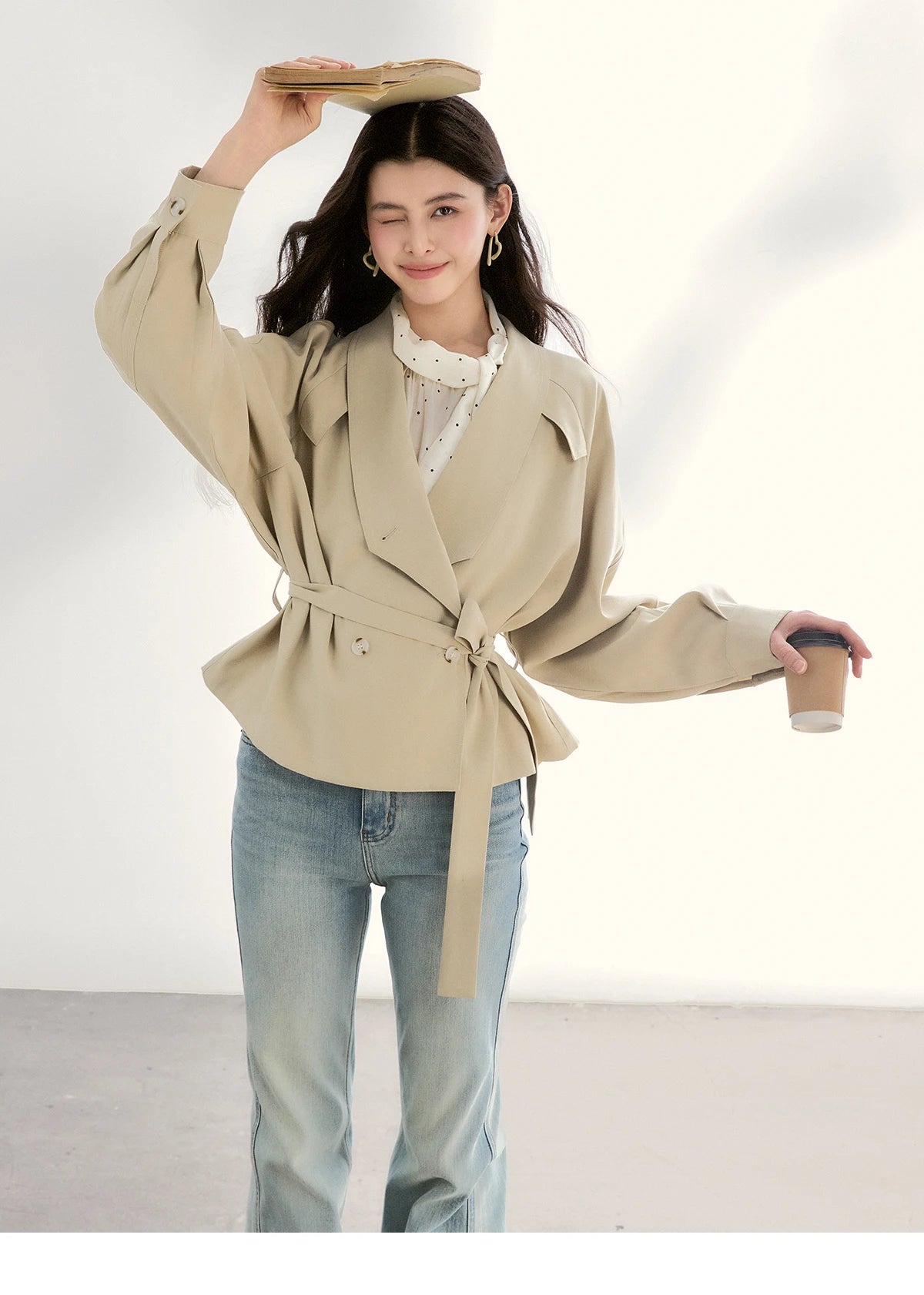 MISHOW Women's Khaki Belted Waist Coat 2026 Spring Lapel Double-breasted Coats female Casual Short Jacket Office Lady MXF13W1056