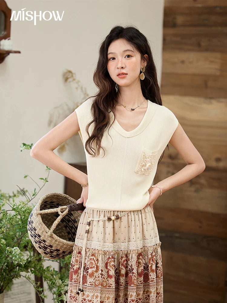 MISHOW Cool Knitted Short Sleeve T-shirt 2025 Summer V-neck Pocket Shell Lace Tops Casual Solid Raglan Sleeve Tees MXE34Z1265