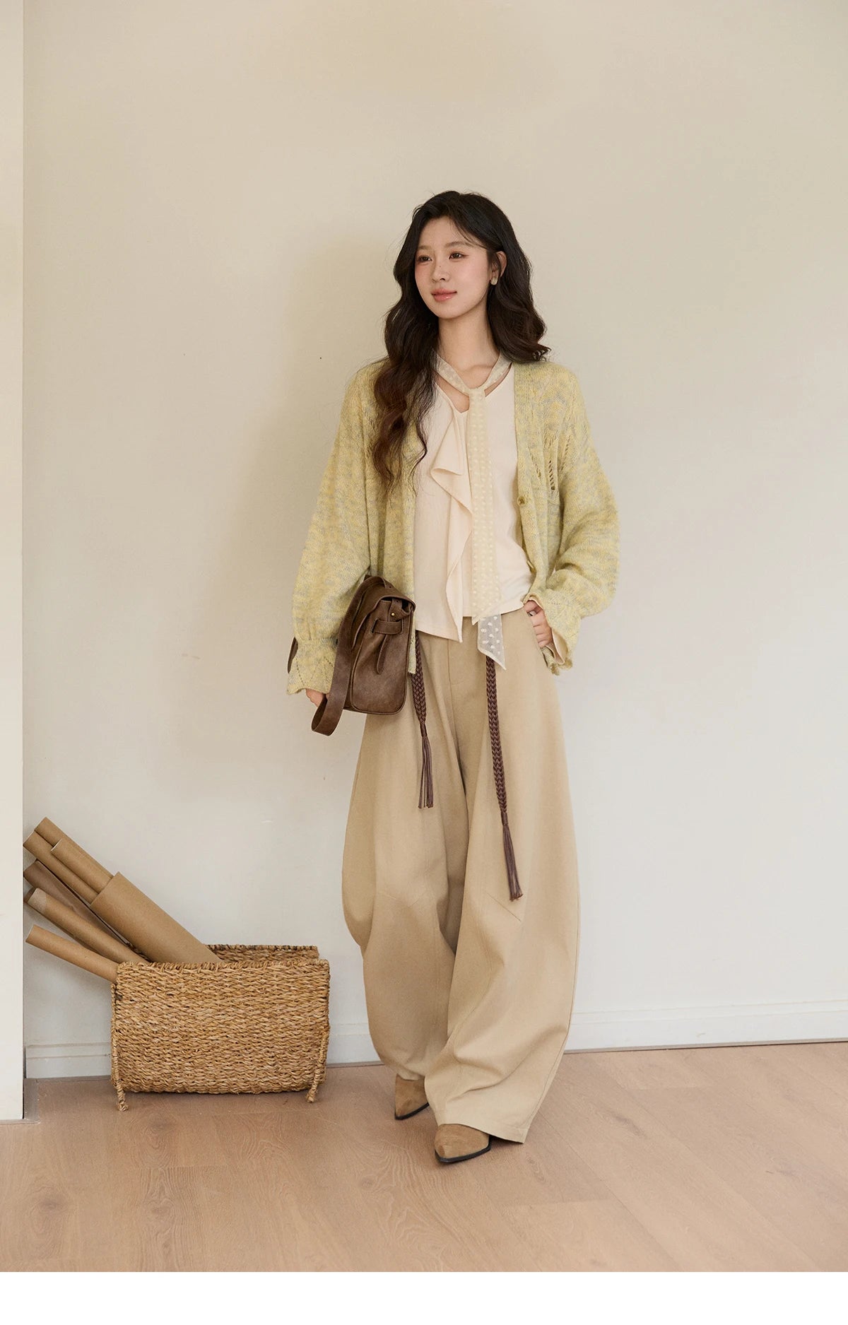 MISHOW Women's Marled Yellow Mohair Knit Cardigan 2026 Spring V-Neck Flare Sleeve Cardigans Casual Loose Sweater MXF108Z1021