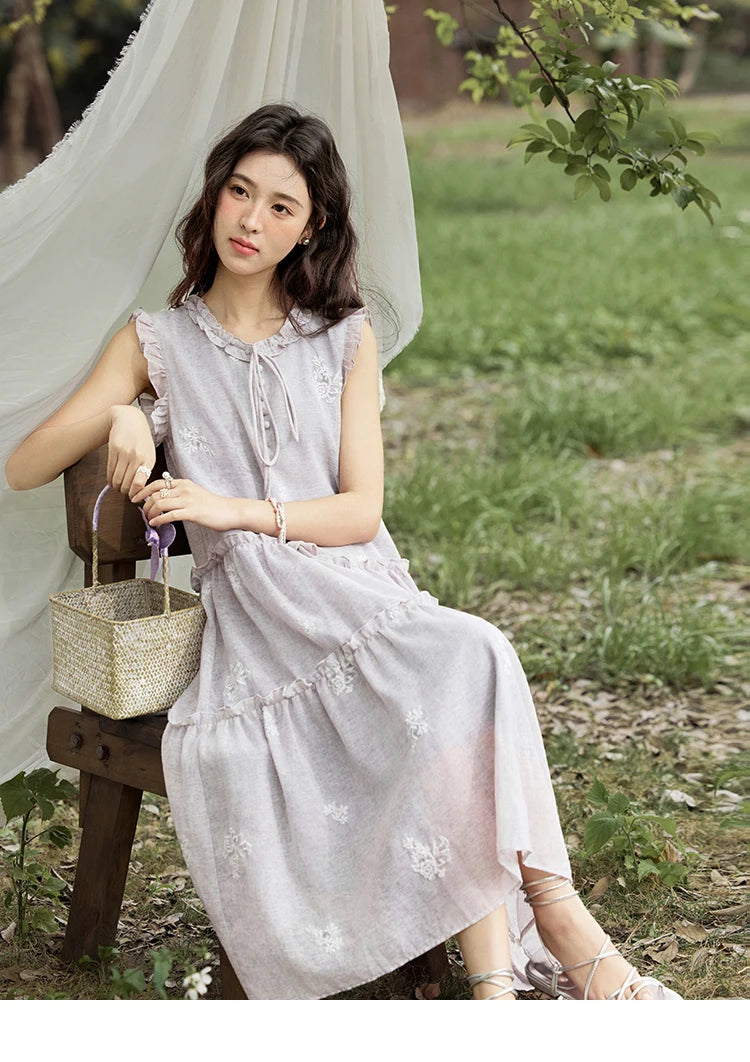 MISHOW Summer Embroidered Dress for Women 2025 New Round Neck Ruffled Sleeveless A-line Midi Dresses Female Fashion MXE33L2231