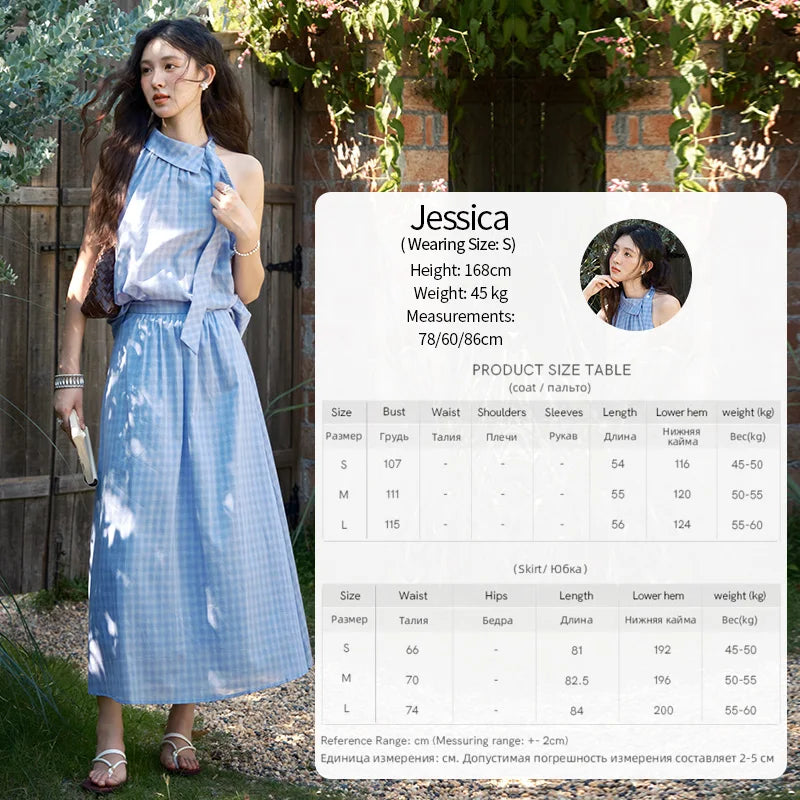 MISHOW Women's 2 Piece Set 2025 Summer Female Vacation Fashion Plaid Hanging Neck Button Top A-line Half Skirt Set MXE39T0711