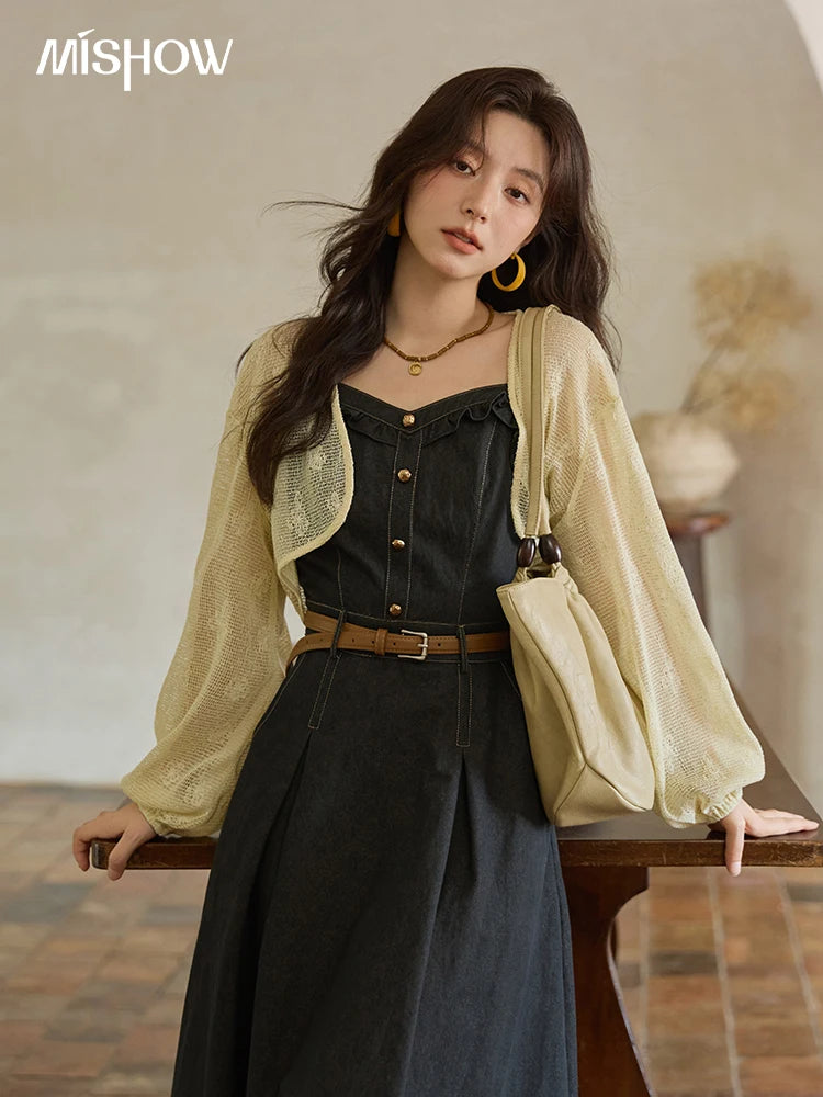 MISHOW Women's Two-Piece Set 2025 Lantern Sleeves Knitted Cardigan Imitation Denim Strap Dress Set With Belt Included MXE41T0704