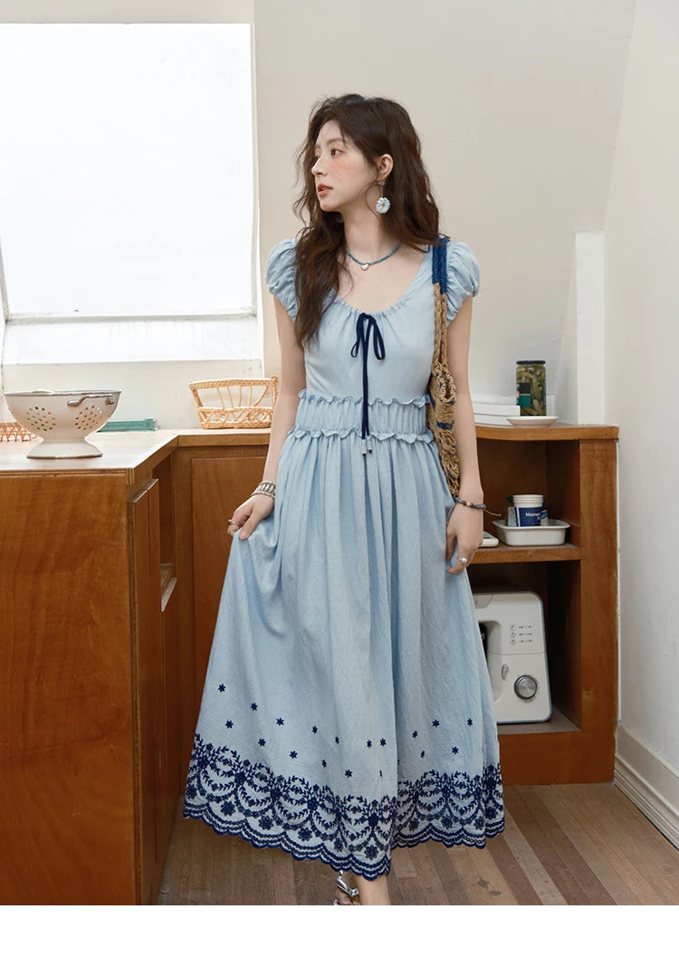 MISHOW Women's Bohemian Embroidery Dress 2025 Summer Ladies Fashion V-neck Lace Up Flower Bud Sleeve Blue Long Dress MXE36L2244