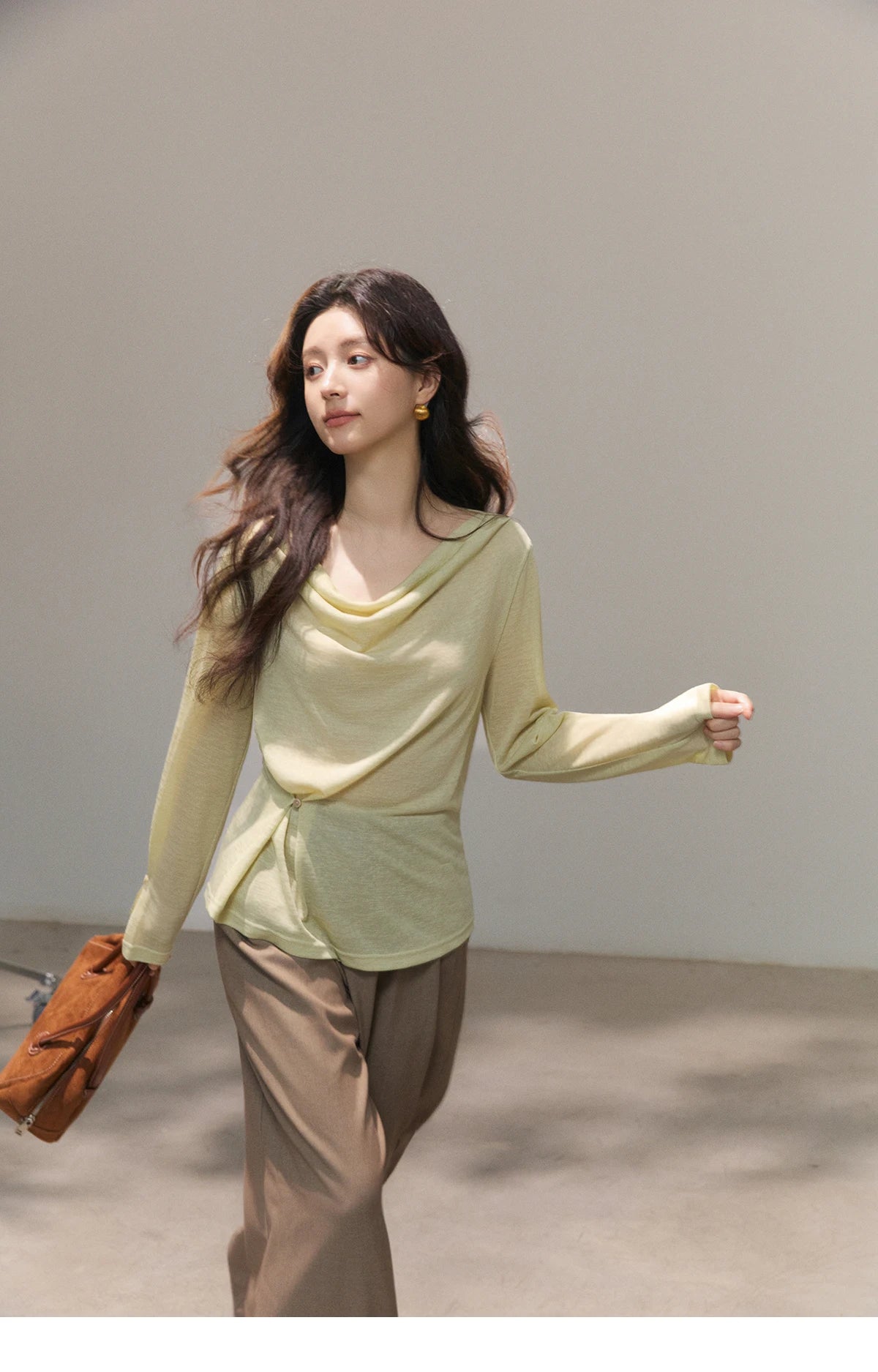 MISHOW Women's Multi Colored Knitted Top 2026 Spring Swinging Collar Flare Sleeve Top Side Twist Whist Casual T-Shirt MXF13T1473