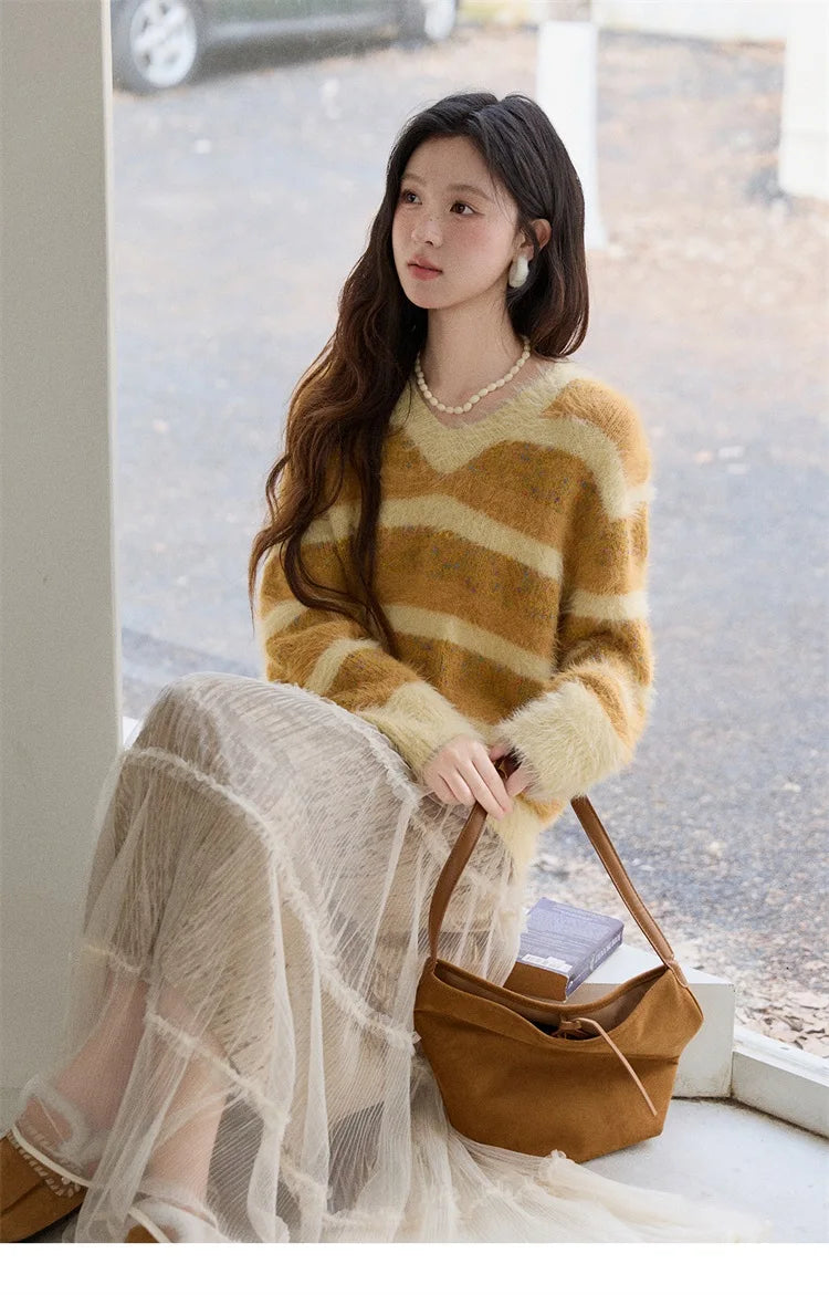 MISHOW Women's V-neck Knit Pullover Retro Yellow Striped Sweater 2025 Casual Faux Mink Jacquard Loose Knit Sweater MXE87Z2766