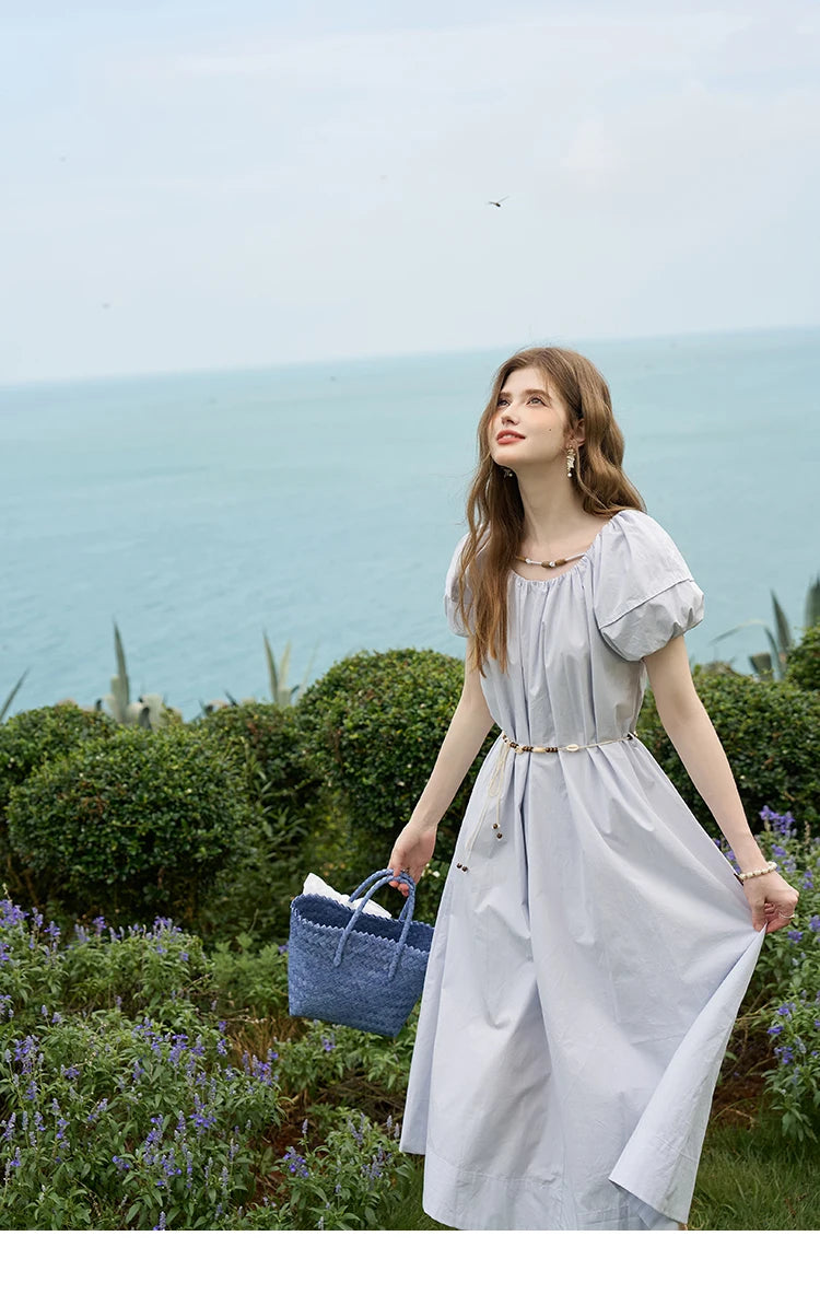 MISHOW 100 Cotton Bohemian Dress 2024 Summer French Elegant Elastic Round Neck Bubble Sleeve Long Dresses with Belt MXD26L1940