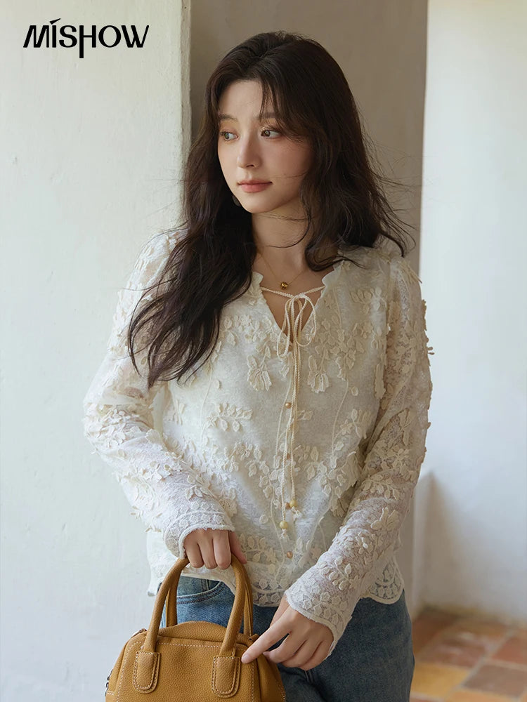 MISHOW Apricot Lace Jacquard Embroidered Shirt 2025 Autumn Black Fungus Edge Lace-up Vintage Commuter Top Office Lady MXE41X1927