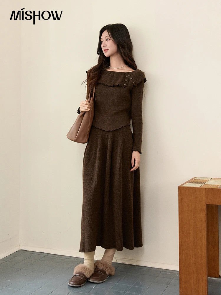 MISHOW Women's Retro Knitted Two-Piece Set 2025 Winter Coffee Ruffle Boat Neck Top A-Line Elastic Waist Skirt Outfit MXE93T1455