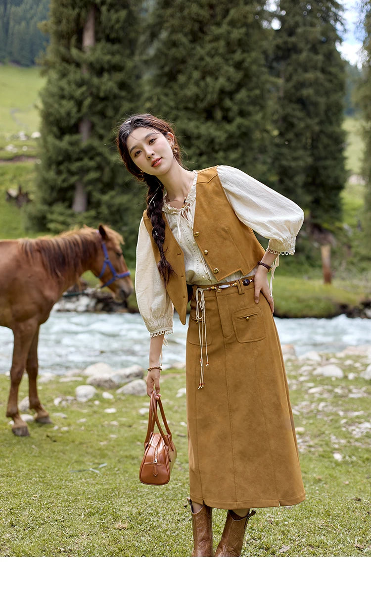 MISHOW Retro High Waist Suede Midi Skirt for Women Autumn 2024 Symmetrical Lip Pouch Skirts Slim Solid A-LINE Skirt MXD41B0486