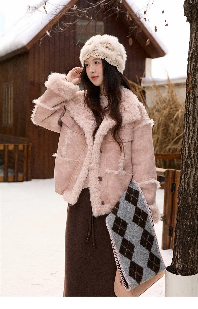 MISHOW Women's Pink Jacket 2025 Winter French Style Stand Collar Plush Patchwork Coat Windproof Warm Coat Woman MXE51W0911