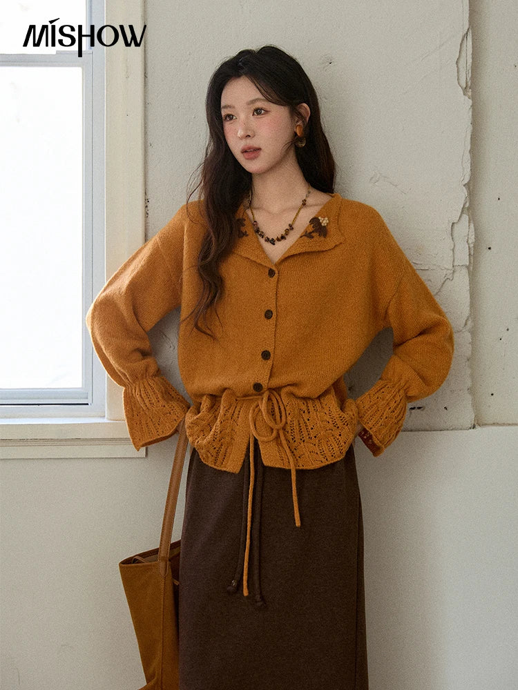 MISHOW Orange Cardigan Women 2025 Winter Retro Openwork Crochet Pattern Knit Top Loose Warm Flared Sleeves Sweater MXE87Z2685