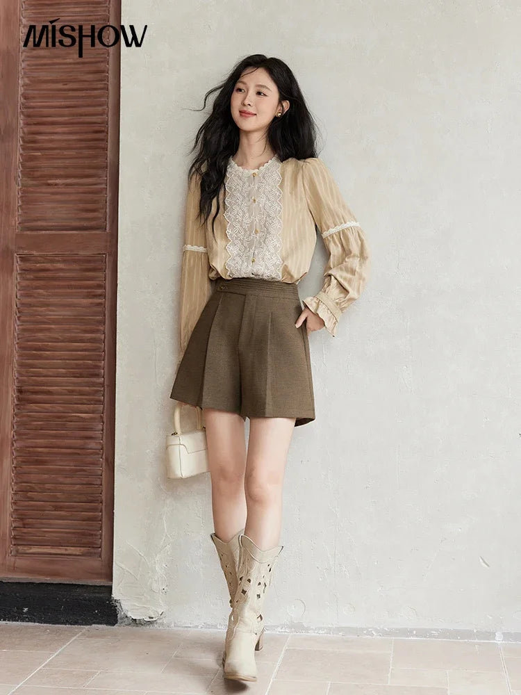 MISHOW Vintage Mesh Embroidery Blouse Women Lace Striped Lace Collar Long Sleeve Top French Lantern Sleeve Outwear MXD47X1664