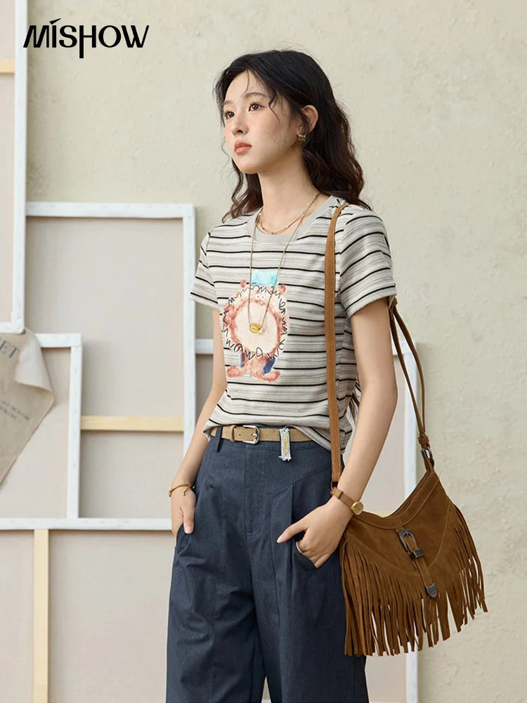 MISHOW Striped Cartoon Pufferfish Printed T-shirt for Women Summer 2025 Slim Shoulders Cotton Tees Short Sleeved Top MXE32T0538