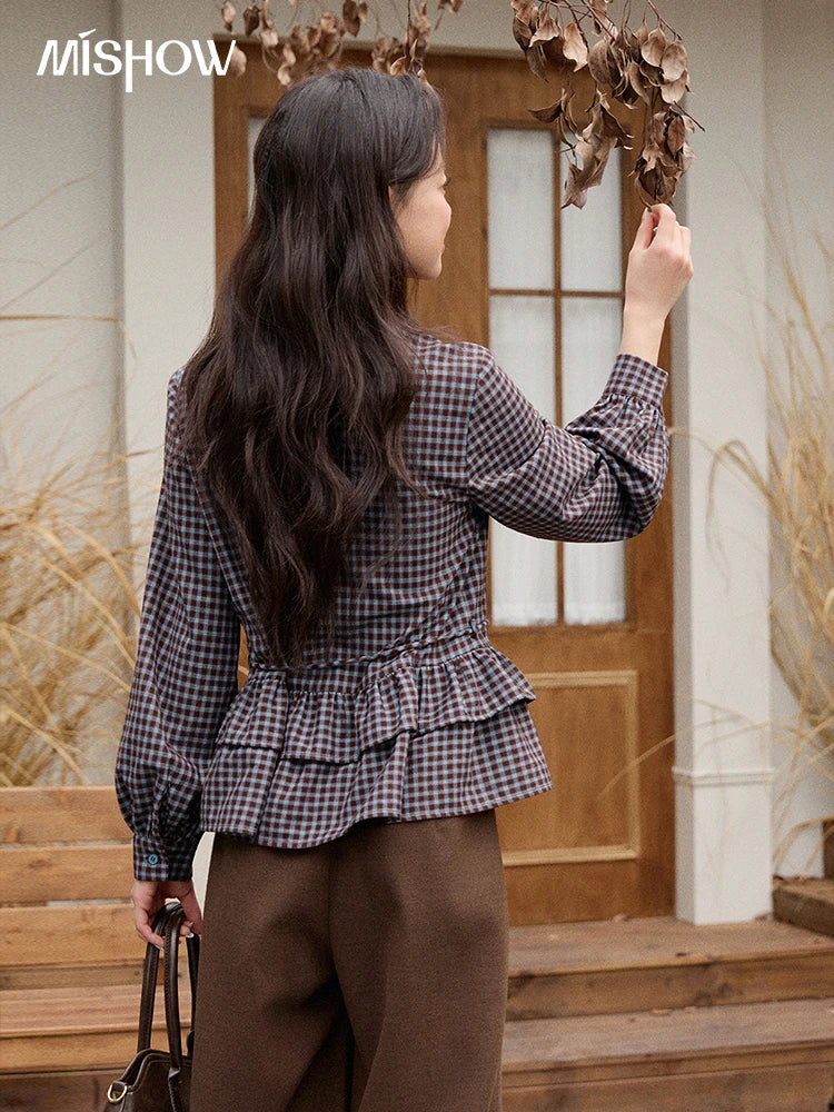 MISHOW Retro Blue Plaid Shirt for Women 2025 Autumn Winter Lapel Lantern Sleeves Ruffled Hem Top Slim Casual Shirt MXE89C2420