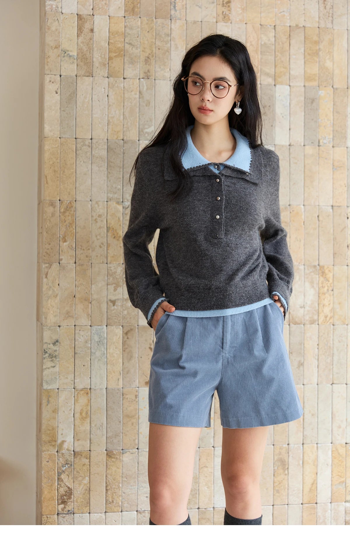 MISHOW Elegant Women's Sweaters 2025 Autumn Designer Knitted Double-layer Turn-down Collar Loose Long Sleeves Tops MXE45Z2502