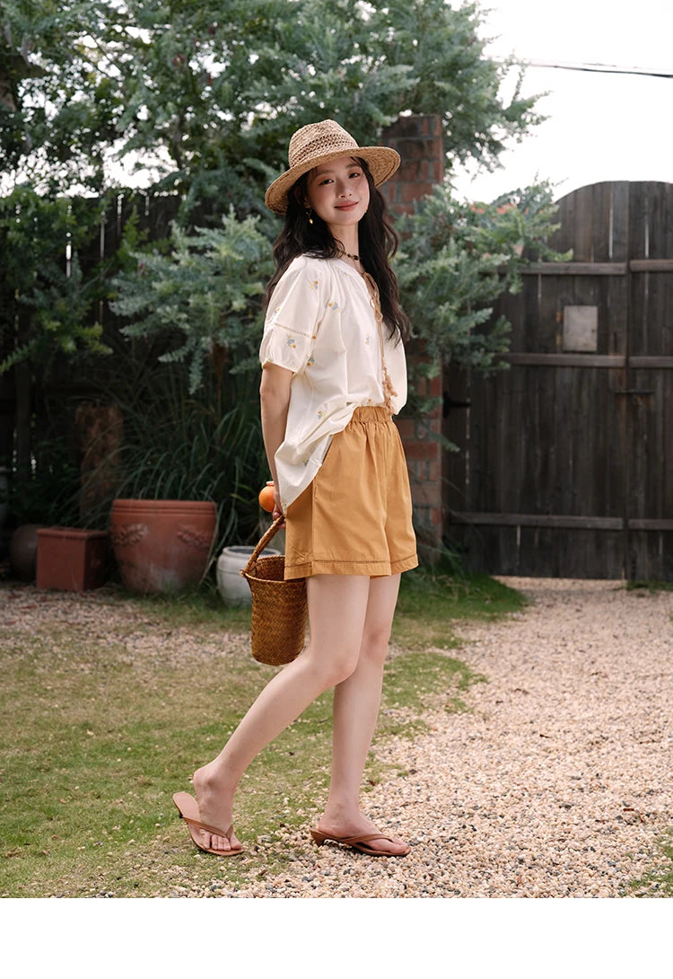 MISHOW Women Two-Piece Set 2025 Summer Puff Sleeve Lace Up Top Hollow Lace Spliced Elastic Waist Shorts Ladies Set MXE38T0684