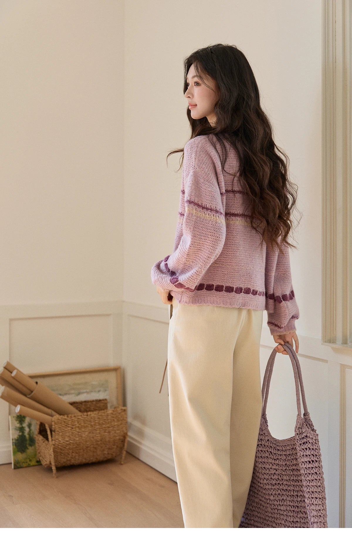 MISHOW Women's Lilac Knit Cardigan 2026 Spring Striped Dot Pattern Crew Neck Tops Single Breasted Warm Loose Sweater MXF11Z2897