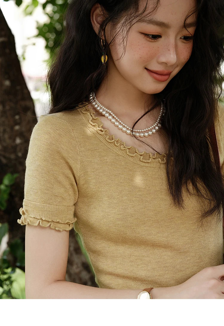 MISHOW Women's Round Neck Knit T-shirt Summer 2025 Fashion Ear Edge Short Top Casual Short Sleeve Tee Female Clothing MXE32Z1233