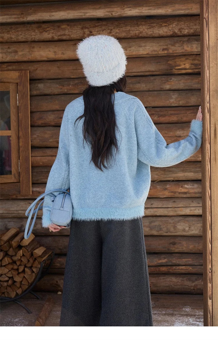 MISHOW Luxury Women's Sweaters 2025 Winter Blue Polo Collar Cable Knit Faux Mink Pullovers Loose Commute Tops Lady MXE88Z2756