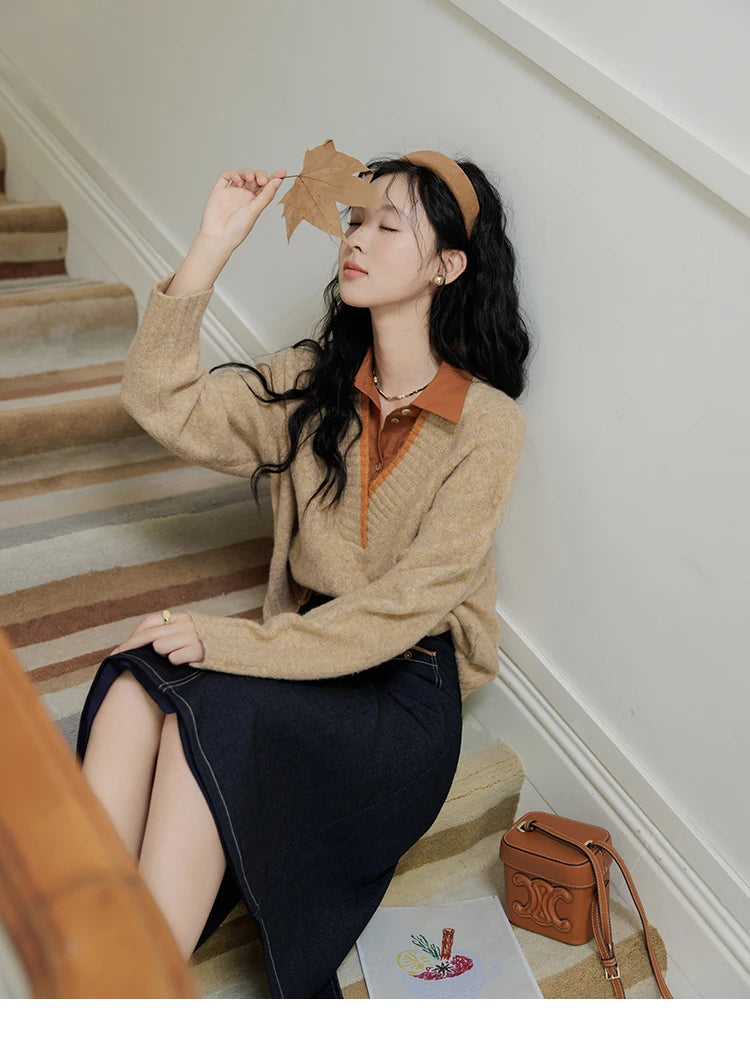 MISHOW Vintage Sweater False Two-piece Sweet Fashion V-neck Knitwear 2024 Fall New Vintage Versatile Sweater Tops MXD42Z0695