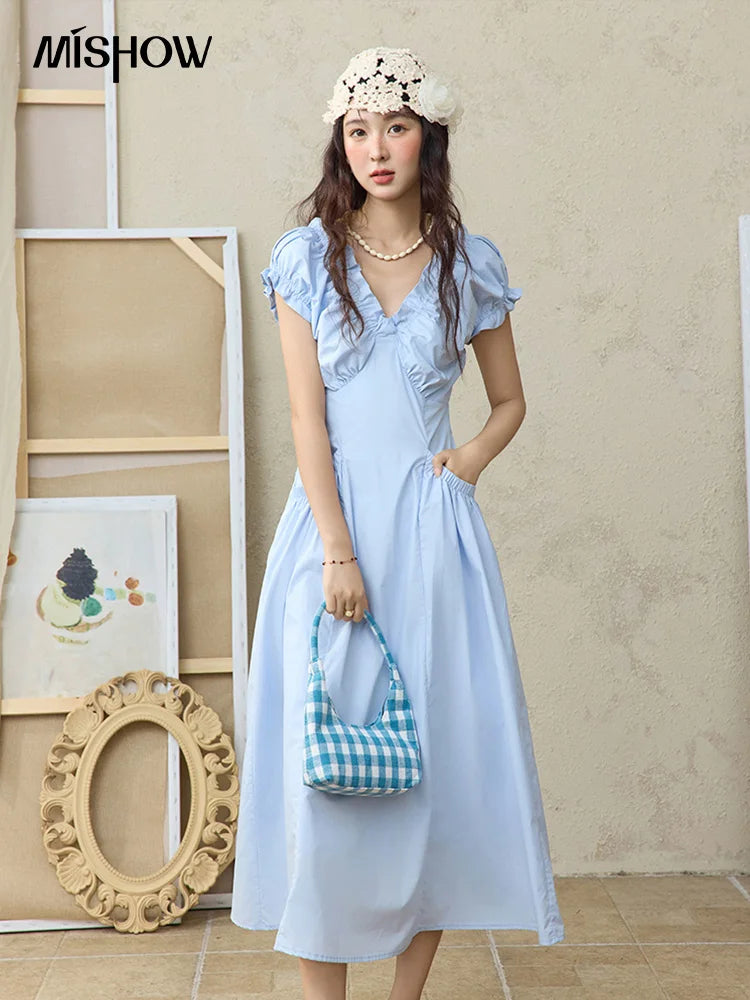 MISHOW Fashion V-neck Dresses for Women 2025 Summer New Office Lady Puff Sleeve Slim Midi Dress Women's Clothing MXD29L1934