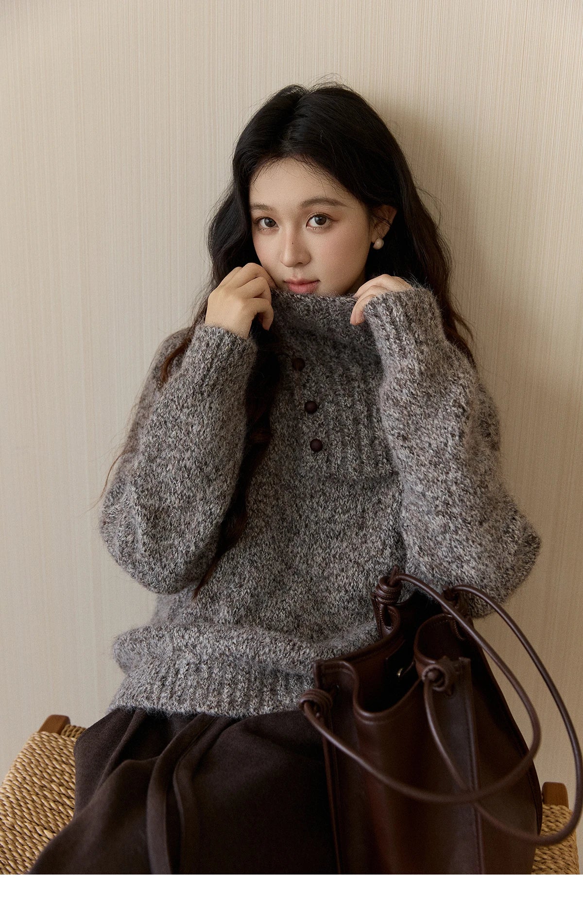 MISHOW Women's Gray Knit Sweater with Neckwear Scarf 2025 Winter Textured Button Decor Loose Warm Pullover Sweater MXE94Z2978