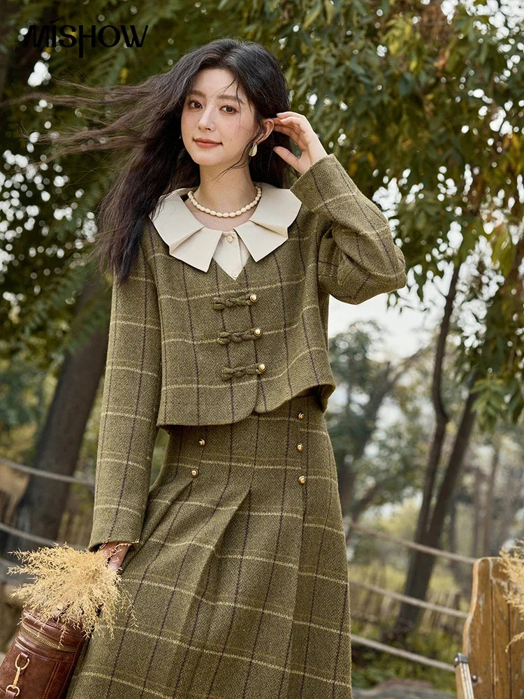 MISHOW Retro Plaid Tweed Jacket Short Skirt Separately Women 2024 Winter Doll Collar Jacket Pleated Mid Length Skirt MXD48W0469
