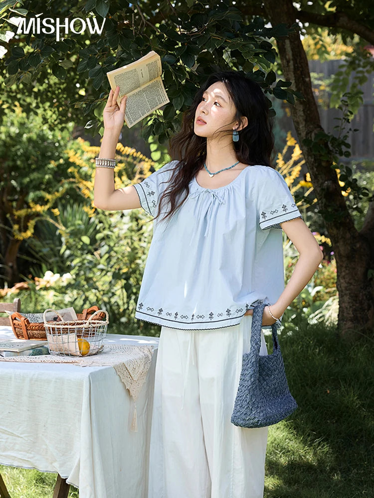 MISHOW Female Round Neck Lace Up 100% Cotton Blouse 2025 Summer Patchwork Embroidery Puff Sleeve Top Women's Clothing MXE39X1966