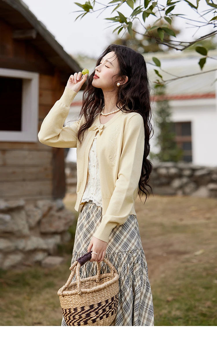 MISHOW Iris Embroidery Round Neck Cardigan for Women Spring 2025 Loose Knitted Thin Bow Design(Not Include Lace Vest) MXE13Z1142