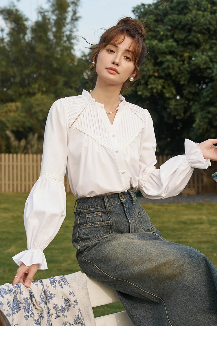 MISHOW French Organ Pleated V-neck Shirt 2025 Autumn Petal Patchwork Ruffle Sleeve Solid Pearl Single Breasted Tops MXD13X1354