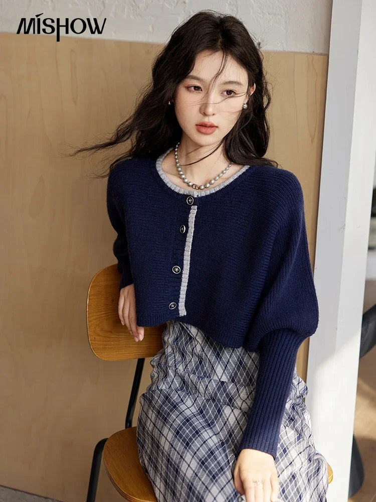 MISHOW French Vintage Dress O Neck Knitted Cardigan Separately Women Sweet Knitted Short Sweater Plaid Camisole Dress MXD43L2012