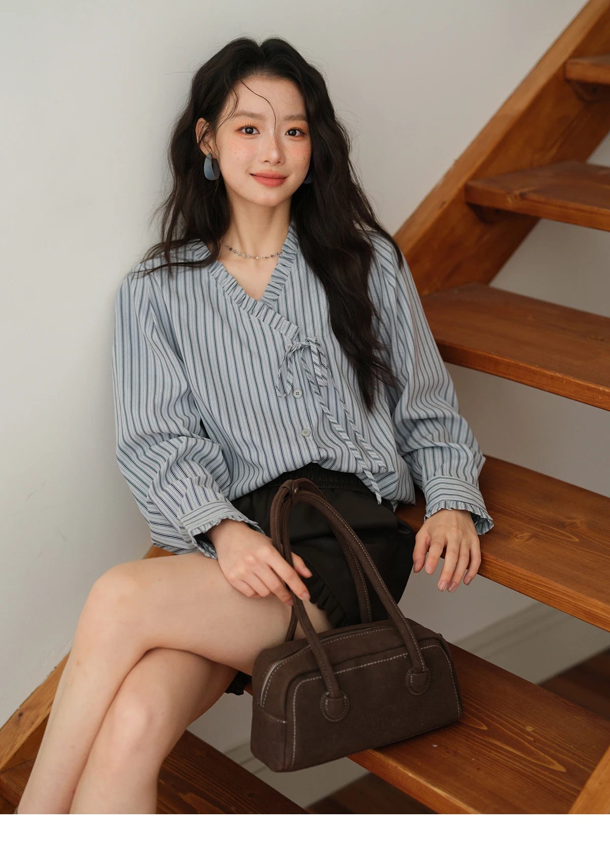 MISHOW Blue Striped Peach Skin Velvet V-neck Shirts for Women Autumn 2025 Asymmetrical Lace-up Commuting Casual Shirt MXE42X2472