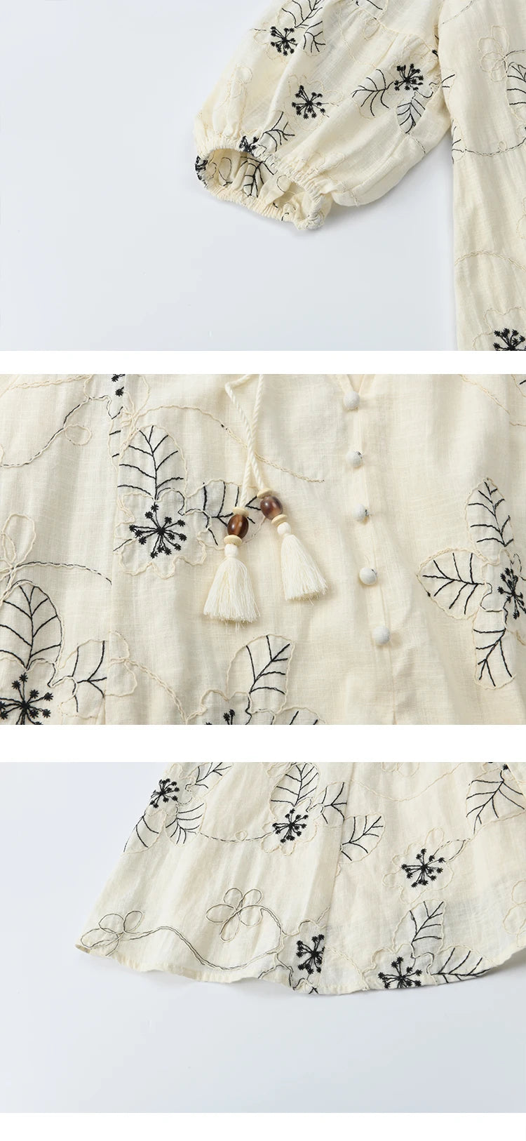 MISHOW Embroidered Doll Dress 2025 Seven Cent Lantern Sleeve Dress O-neck Tassel Lace-up Cotton Dress with Waist Belt MXE41L2480