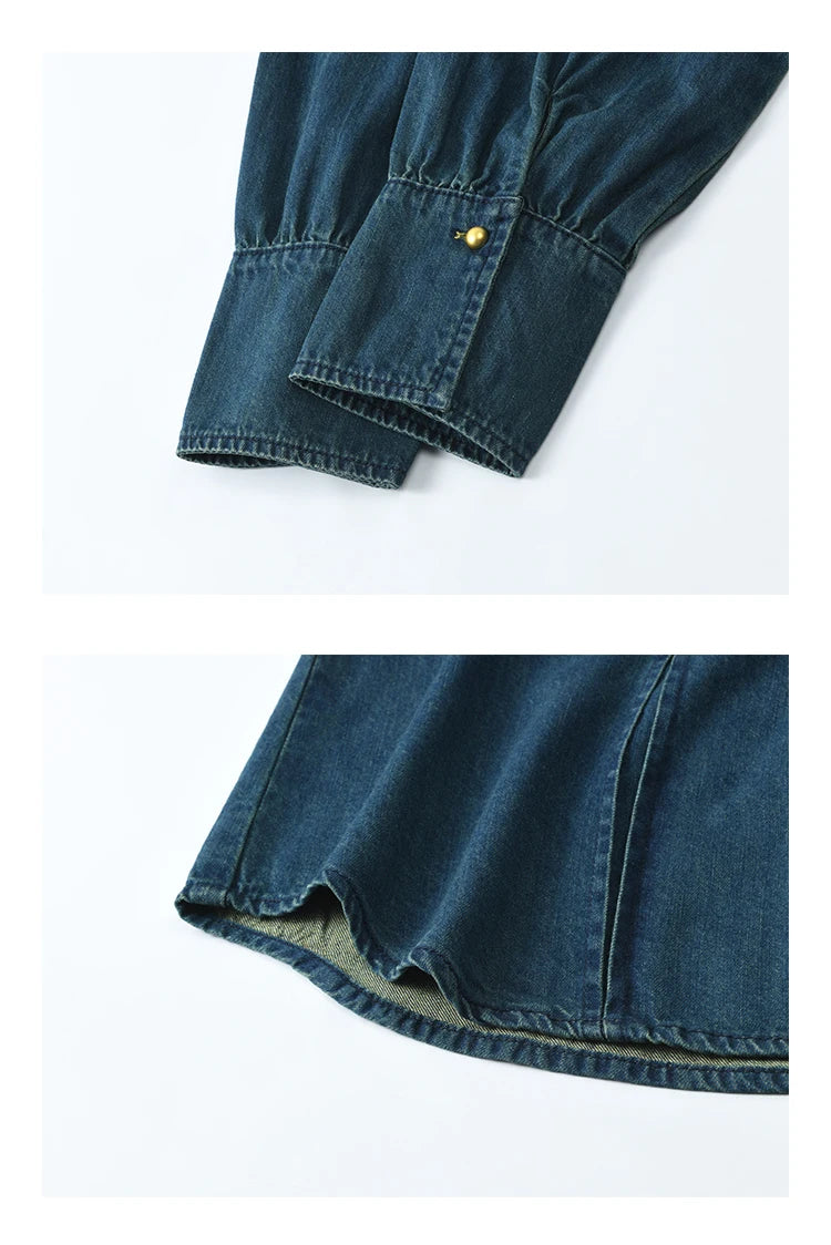 MISHOW 100 Cotton Denim Shirt French Retro Long Sleeved Shirt for Women 2025 Spring Loose Fit O Neck Casual Shirt Top MXE12C0384