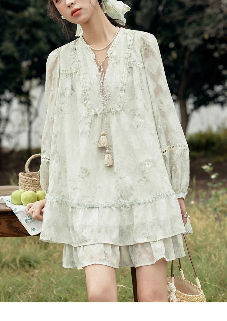 MISHOW Floral V-neck Drawn Tassels Dresses 2025 Spring Summer Hollow Out Lantern Sleeve Dresses Vacation Doll Dress MXE15L2121