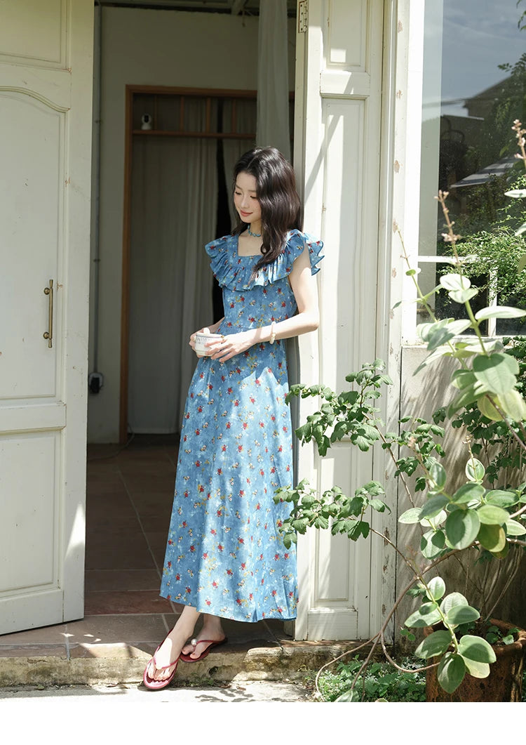 MISHOW Women's Fashion V-neck Ruffled Floral Dress Summer 2025 Flying Sleeve Waist Lace Up Casual Vacation Dresses MXE39L2436